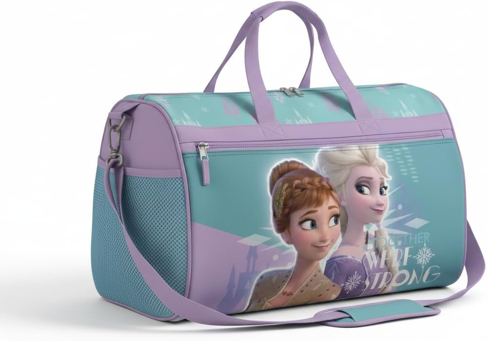 Disney Frozen Girls’ Duffle Bag – Elsa & Anna Travel Gym Bag with Adjustable Strap, Mesh Side Pockets & Zipper Pocket