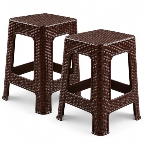 Image of Muddy Hands Pack of 2 Rattan Effect Garden Stools Plastic Outdoor Indoor Patio Seat Side Table Weather Resistant Lightweight Footstool Garden Furniture