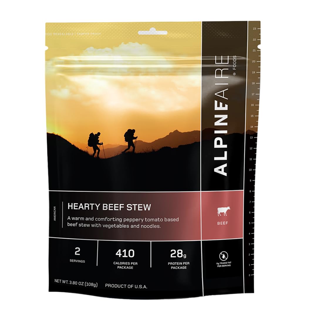 AlpineAire Foods Hearty Beef Stew 3.80 Oz Rich and Flavorful Ready to Eat Lightweight Meal 2 Servings, 410 Calories Perfect for Camping, Hiking and Emergency Preparedness Made in USA Pack of 1