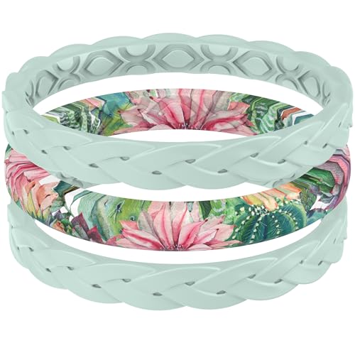 ThunderFit Stackable Silicone Ring Enhancers for Women, Breathable Rubber Wedding Bands - Braided Design 3mm Wide 1.8mm Thick - 3/8 Variety Multipack