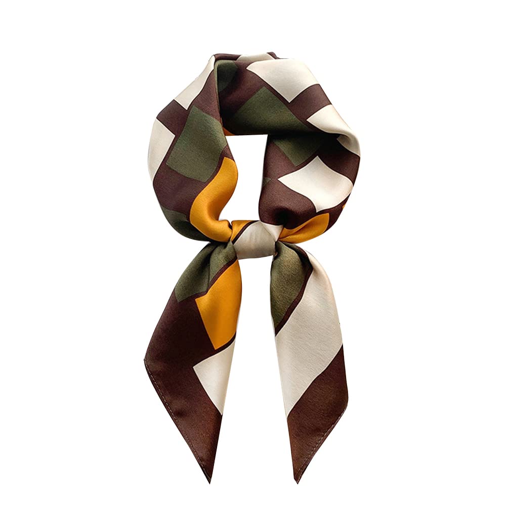 MEISEE 100% Pure Mulberry Silk Square Scarf 27"'x27-68CM Head Scarf for Women Natural Silk Neckerchief Printed Headscarf, Yellow Coffee Color Grid