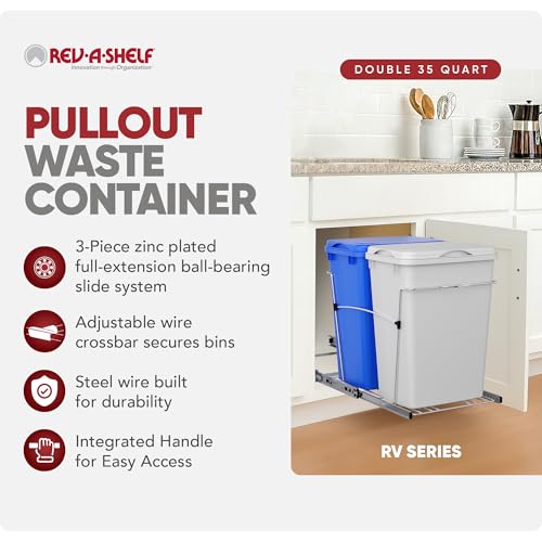 Image of Rev-A-Shelf Double Pullout Garbage Trash Cans for Kitchen Cabinets, 35 Qt