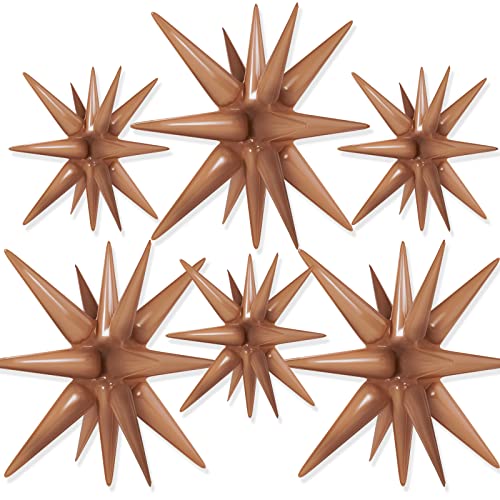 Image of Brown Star Balloons by PartyWoo: 6-Pack, 14-Pointed Starburst, 27 & 22 Inch, Ribbon, Foil, Party Decor