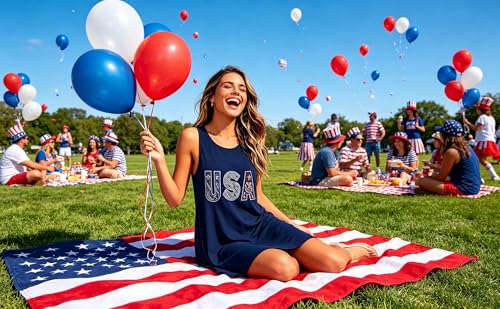 Image of Roshop Womens Juneteenth Flag Sleeveless Dress 4th of July Patriotic Swing Sundress with Pockets