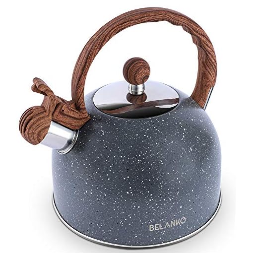 Tea Kettle, 2.3 Quart / 2.5 Liter BELANKO Stainless Steel Tea Kettles, Food Grade Stovetops Tea pot with Wood Pattern Handle Loud Whistling for Tea, Coffee, Milk etc, Gas Electric Applicable - Gray