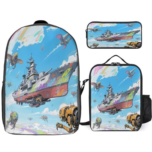 Air Battleship 3pcs Lightweight Travel Backpack Printed Backpack With Lunch Pack Storage Box Case
