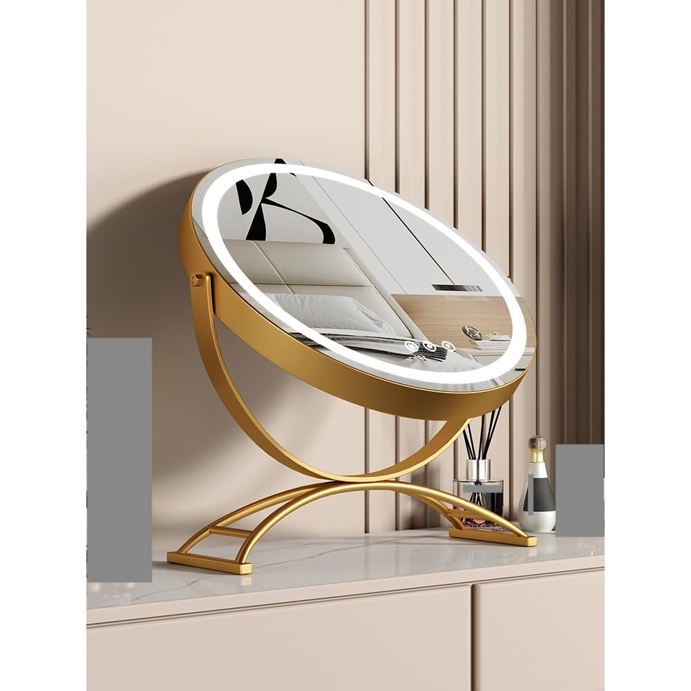 Espejo de maquillaje giratorio de 360° con iluminación HD, espejo cosmético con control táctil inteligente, 3 colores de atenuación de metal e (30 x 36 cm) – T para amantes
