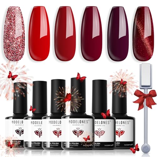 Modelones Vernis Semi Permanent Rouge Pailleté, 6 Couleur Gel UV Semi Permanent Kit avec Bâton Magnétique, Cat Eye Vernis à Ongles Yeux de Chat Soak Off Polish French Manucure Cadeau de Saint-Valentin