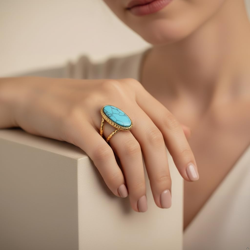 Boho Western Turquoise Ring, Oval Turquoise Gemstone December Birthstone Open Adjustable Statement Ring, Gold Plated Stainless Steel Stackable Rings for Women - Image 2