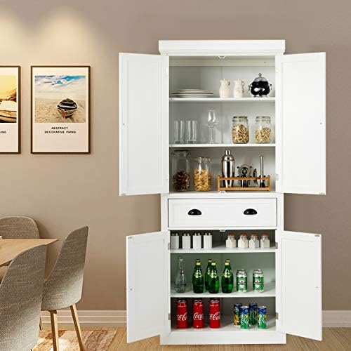 MAT EXPERT Kitchen Pantry Cupboard Cabinet, Freestanding Storage Cabinet w/Drawers & Adjustable Shelves, 4-Door Wooden Storage Organizer for Living Room/Kitchen/Bedroom (White)