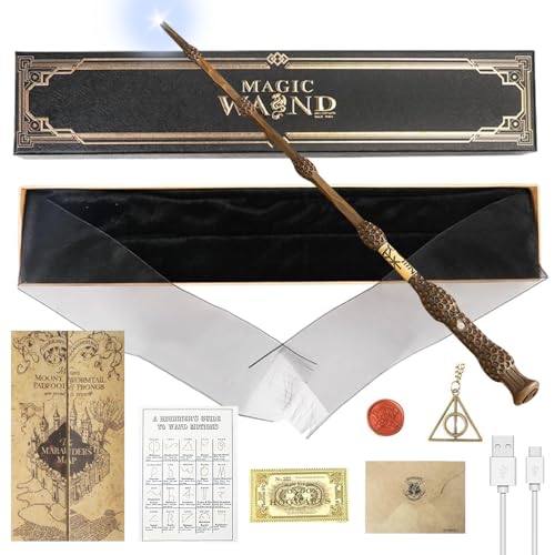 YANGUN Elderstab Zauberstab Glühen 38 cm Dumbledore Zauberstab mit Licht USB Aufladung Zauberstabs Dumbledore in Geschenkbox Kinder Zauberstabs mit Bahnhofskarten Spruchkarten Halsketten Siegel