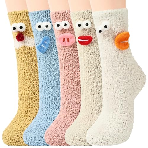 Moyel Crazy Fuzzy Socks For Women Girls Cartoon 5 Pairs 3D Novelty Warm Thick Plush Funny Holiday Colorful Sock Birthday Novelty Cute Animals Gifts for Her