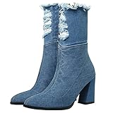 MAVMAX Denim Ankle Boots for Women Pointed Toe Chunky High Heel Jeans Denim Blue Short Mid Calf Booties with Side Zipper Size 8.5