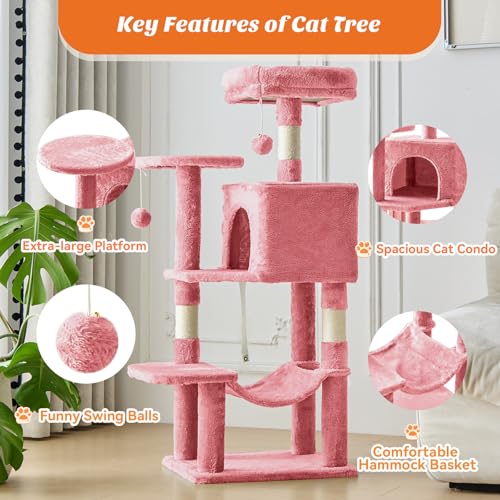 Image of Sweetcrispy 44 Inch Cats Tree Tower, Cat Climbing Tower with Natural Sisal Scratching Posts, Hammock, Pet Condo for Indoor Cats and Kittens Play, Pink