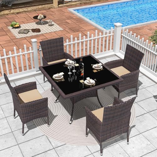 Trumbeak 5 Piece Outdoor Dining Set,Rattan Patio Conversation Set of 4 Chairs,Patio Dining Table and Chairs w/Cushions,Square Glass Tabletop,Umbrella Cutout for Patio,Sand