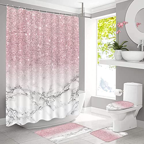 Juwute 4 Pcs Pink Shower Curtain Set Marble Bathroom Shower Curtain Sets With Rugs And Accessories ,Shiny Toilet Lid Cover Bath Mat And Flash Contour Mat Sets,12 Hooks,Polyester,Waterproof #TOP2