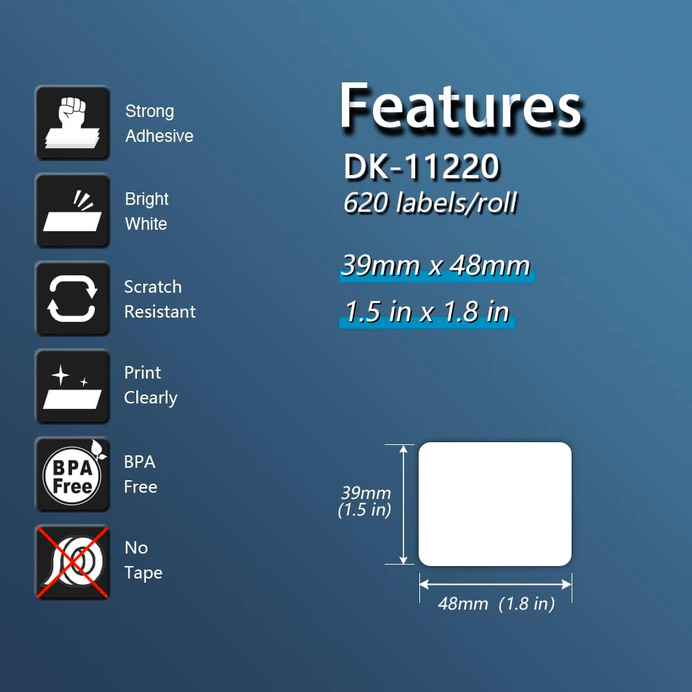 BETCKEY - Compatible White Labels Replacement for Brother DK-1220 (1.5" x 1.8"), Use with Brother QL Label Printers [10 Rolls + 2 Reusable Cartridges]