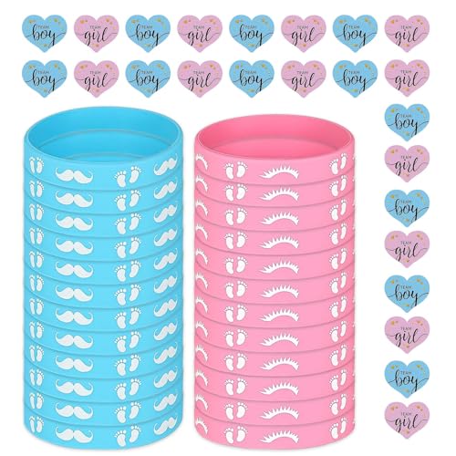 Gender Reveal Baby Shower pour Fête Prénatale – Kit 26 Pièces avec Bracelets Équipes Bleu Rose & Autocollants – Design Élégant, Pratique, Compact et Robuste pour Décoration Intemporelle