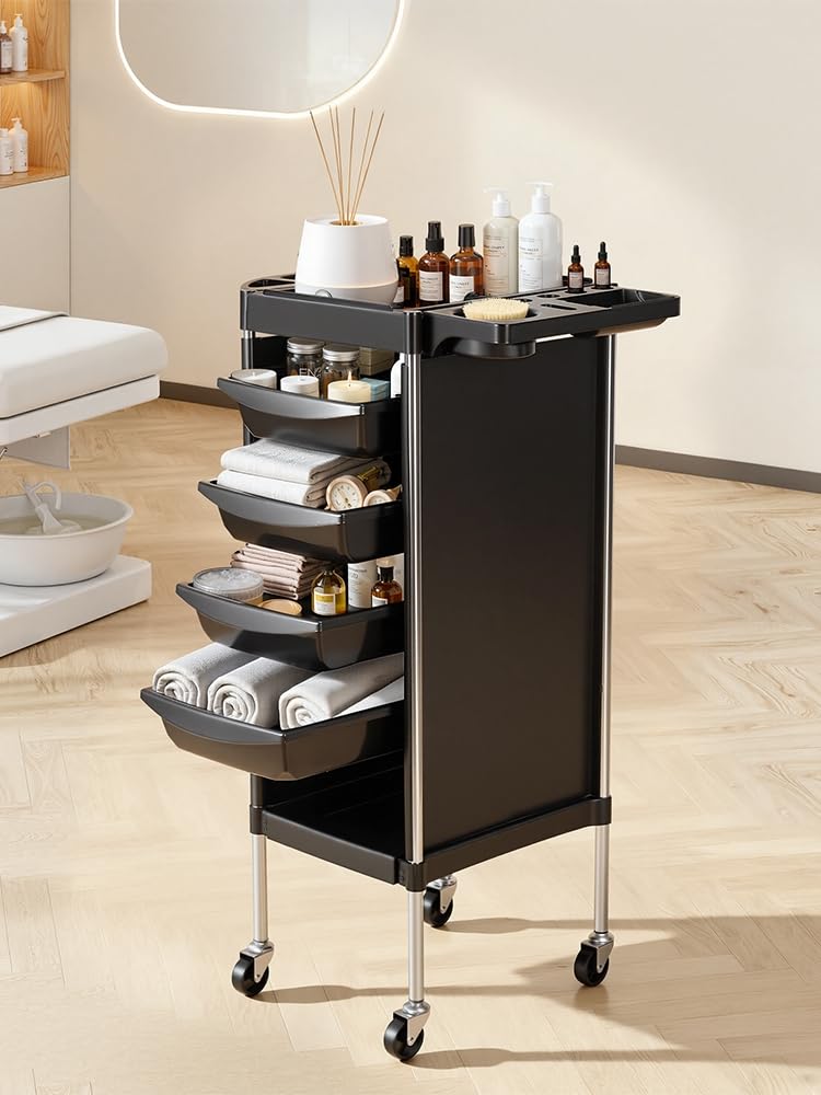 Chariot de Coiffure 6 Étages, Tablette à Roulette en Acier Inoxydable 300kg, 4 roulettes Pivotantes 360°, Desserte Roulante pour Salon, Esthétique, Tatouage, 37x52x90cm Noir