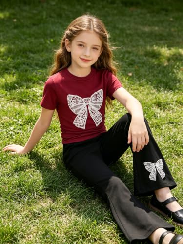 Image of Girls Clothes 2 Piece Short Sleeve Lace Bow Print Tops Flared Pants Set Little Girl Outfits Size 7-14