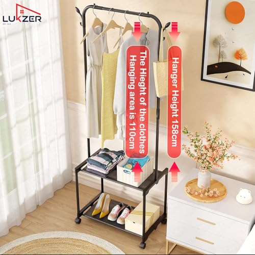 Image of Lukzer Metal Garment Stand /Cloth Stand with 2 Bottom Stylish Design Shelves Multipurpose Display Standing Rack Unit (Black /145 x 35 x 54 cm) CH-004