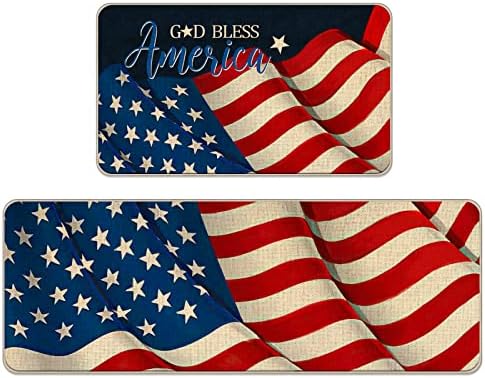 Tailus 4th of July God Bless America Patriotic Decorative Kitchen Rugs Set of 2, American Flag Kitchen Mat Memorial Day Summer Floor Mat USA Home Decorations - 17x29 and 17x47 Inch