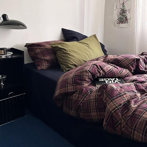 Image of mixinni Vintage Burgundy Buffalo Plaid Comforter Cover Set Twin Size - 3 Piece Mid-Century Modern Washed Cotton Bedding, Soft Breathable Grid Duvet Cover with Matching Pillowcases for All-Season