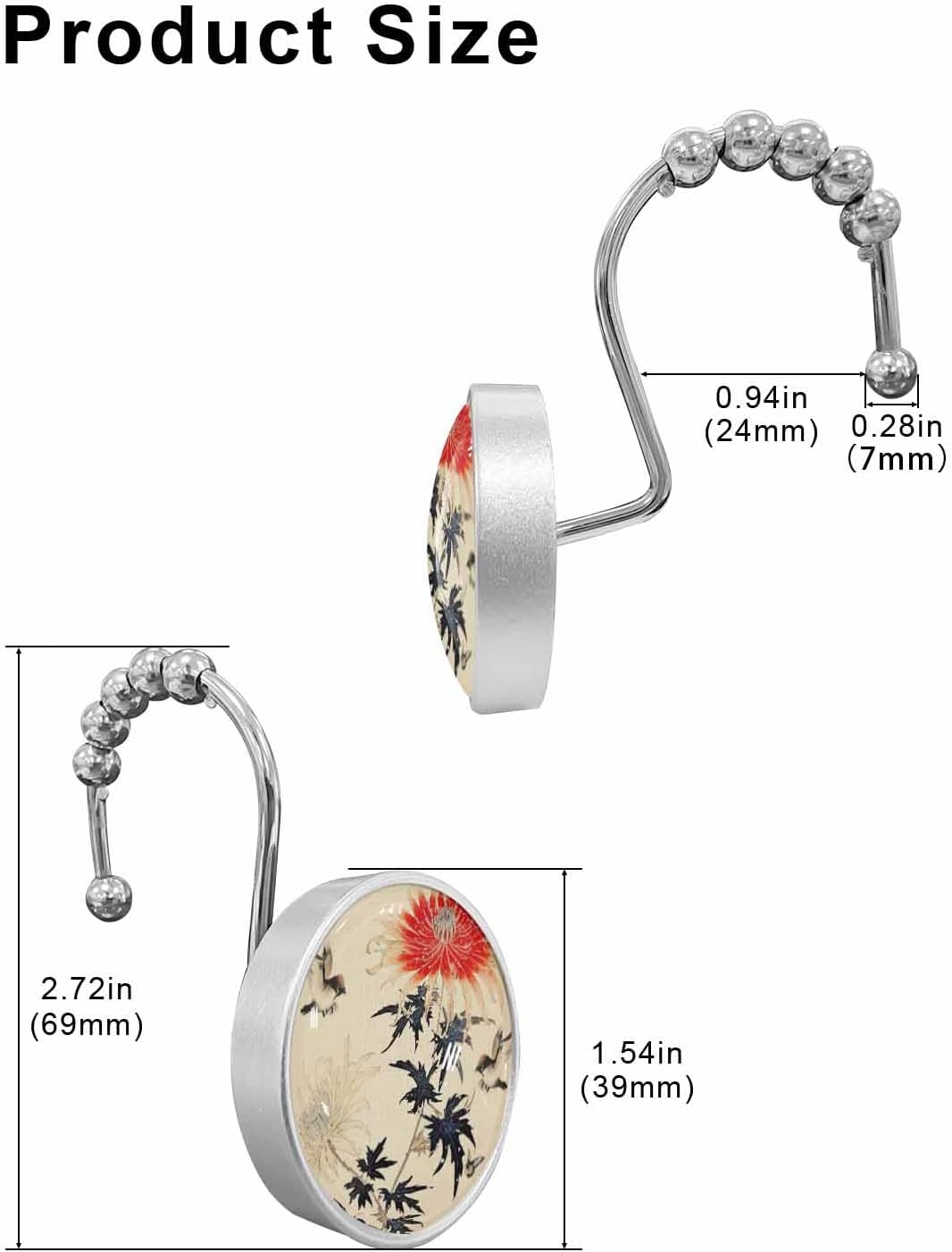Shower Curtain Hooks 12 Pcs, Vintage Flowers Chrysanthemum Bird Butterfly Stainless Steel Rust Proof Rolling Shower Curtain Rings, Decorative Shower Curtain Hooks Hangers for Bathroom
