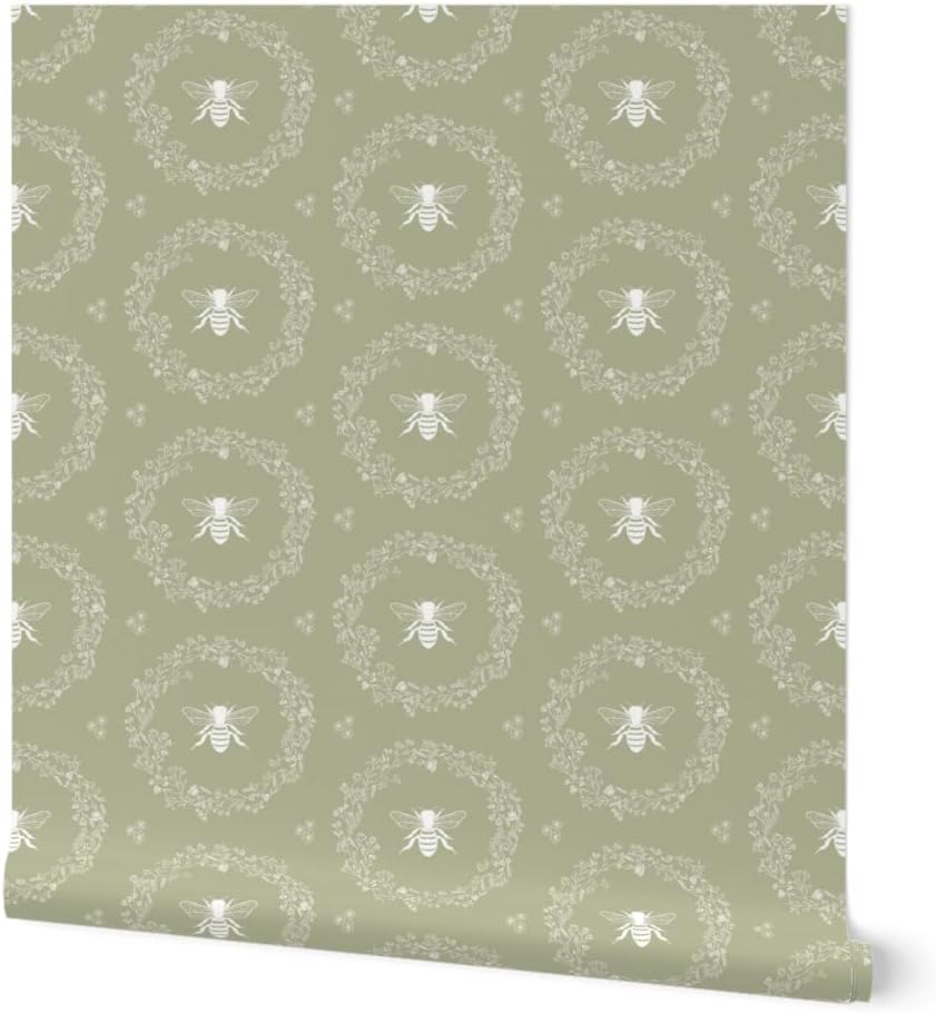 Spoonflower Peel & Stick Wallpaper Swatch - Honeybee Rustic Floral Country Nature Traditional Bee Cottage Farmhouse White On Sage Green Custom Removable Wallpaper