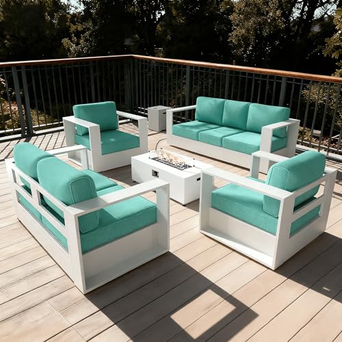 Image of LayinSun Oversized Aluminum Outdoor Furniture Set, 5 Piece Patio Sofa Sets with Fire Pit Table, Deep Seating and Upgraded 6-inch Cushions for Porch, Balcony, Deck