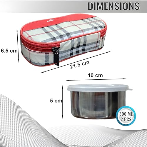Image of Taxton Stainless Steel Lunch Box with 2 Containers and Insulated Carry Bag, Checkered Pattern, Plastic Lid (White Red)