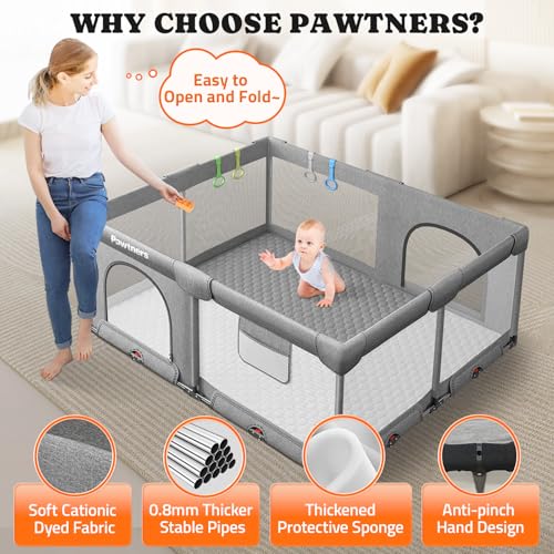 Image of Foldable Baby Playpen: 71 inch L x 59 inch W x 27 inch H, Large Kids Play Yard with Mat for Indoor and Outdoor, Portable Baby Gate with 50PCS Ocean Ball, 4 Handles