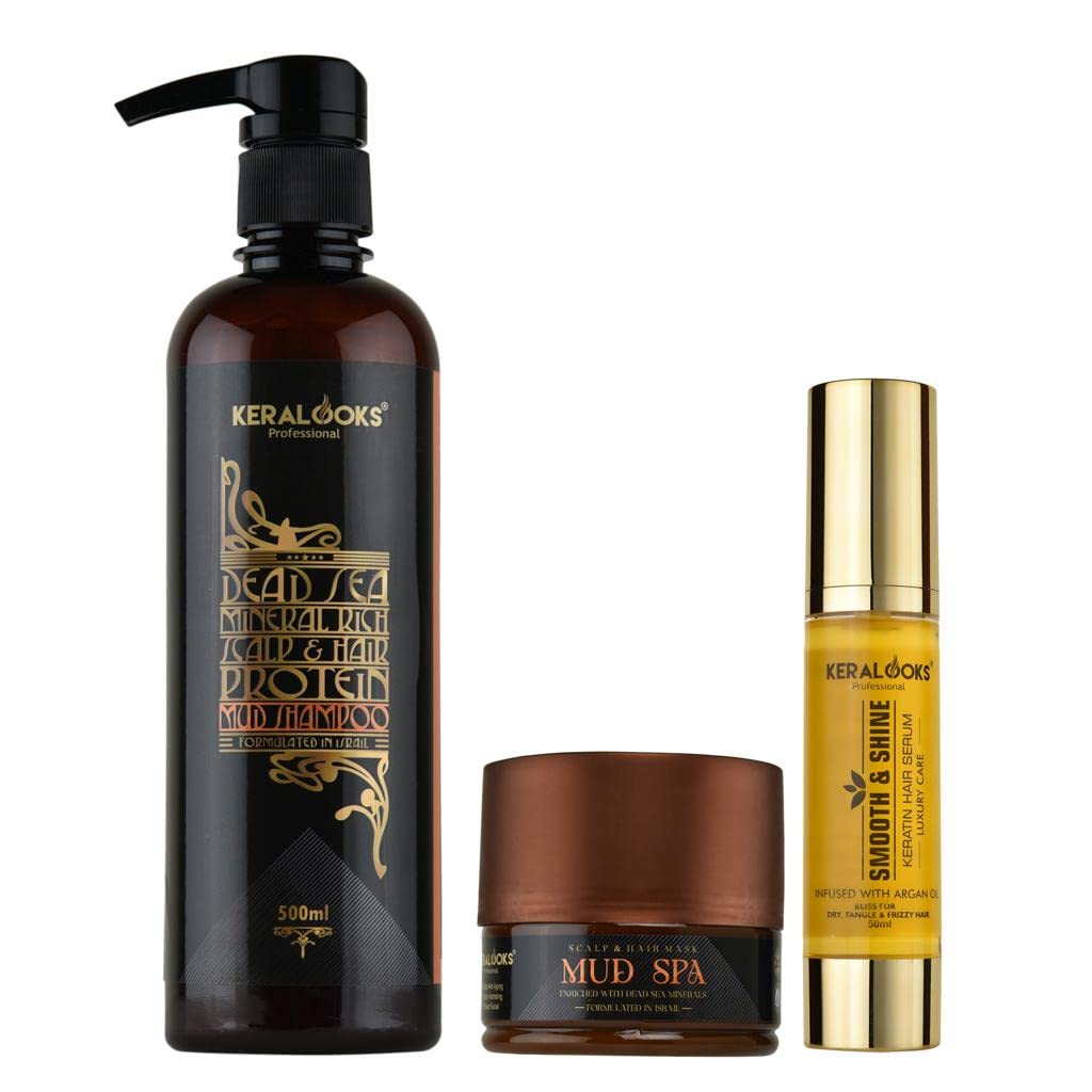 Keralooks professional ® Mud shampoo and Mud scalp Hair Mask (500ml each) with Argan Oil Hair Serum 50ml With Dead sea minerals