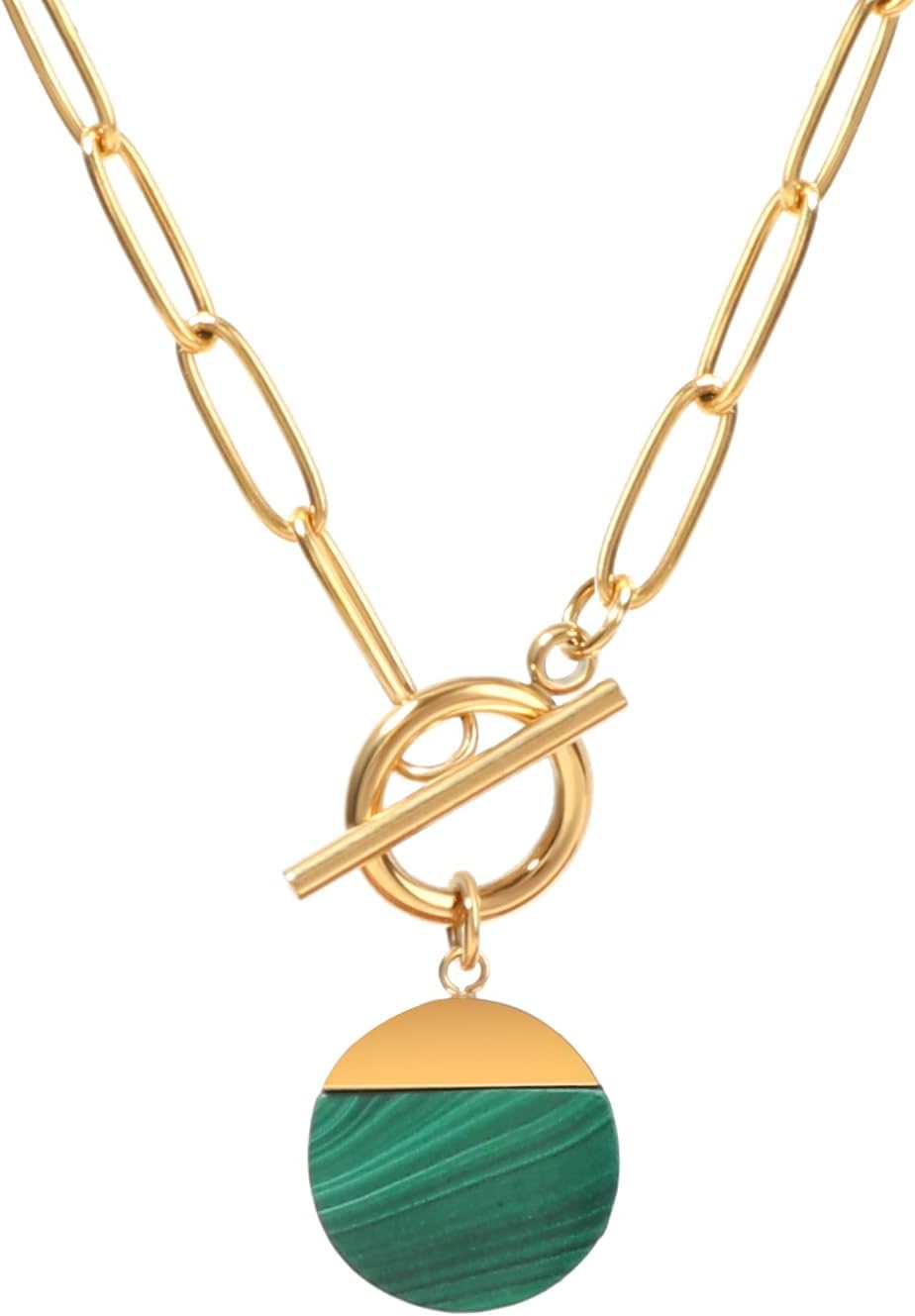 Natural Stone Paperclip Toggle Necklace Dainty Size Heart/Round Teardrop Gemstone Paper Clip Chain Necklace Birthstone Jewelry Gift for Women