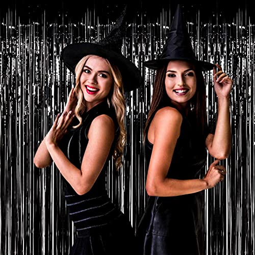 Image of 4 Pack Black Foil Fringe Curtain Backdrop, 3.28Ft x 8.2Ft Metallic Tinsel Streamer Curtains for Party, Photo Booth Props, Birthday, 2022 Graduation Decoration Party Supplies