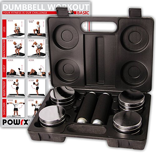 POWRX  Juego de Pesas de 5 kg Incluye maletín | Set de 2 Mancuernas cromadas con Mango de Espuma | Mancuernas para Fitness Entrenamiento de la Fuerza, Ideal para Viajes