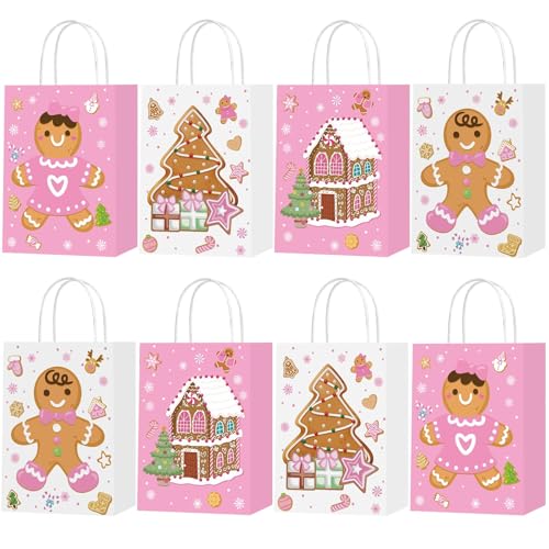cocokawats 16 Pack Christmas Gift Bags Christmas Pink Goodie Bags with Handles for Baby Shower Party Decorations Xmas Party Decorations Holiday Supplies
