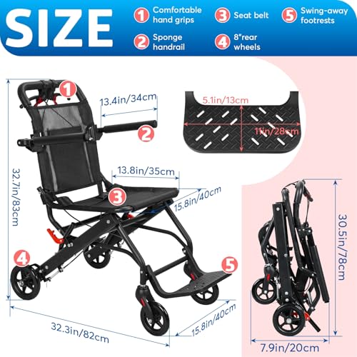 Lightweight Foldable Transport Wheelchair with Handbrakes and 10Inch Wheels,Ultra Lightweight Folding Transport Wheelchair with Footrest & Armrests,Collapsible Transport Chair for Seniors and Adults