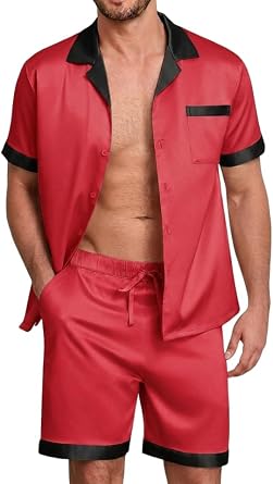 Vssjavun Men Silk Satin Pajamas Sets Short Sleeve Button Down Sleepwear