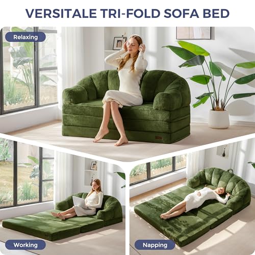 Image of MAXYOYO Folding Sofa Bed, 2 in 1 Convertible Sofa to Lounger Comfy Loveseat Bean Bag Chair for Adults, Floor Couch with Handle, Faux Fur Couch Bed for Living Room Bedroom, Green, Loveseat