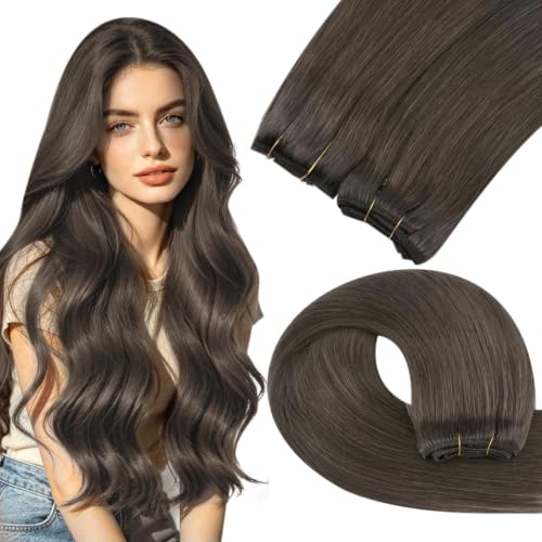 Image of YoungSee Brown Weft Hair Extensions 22 Inch 100g, Sew in Hair Extensions Real Human Hair for Long Straight Hair, Mocha Brown Hair Extension Weft, Add Length
