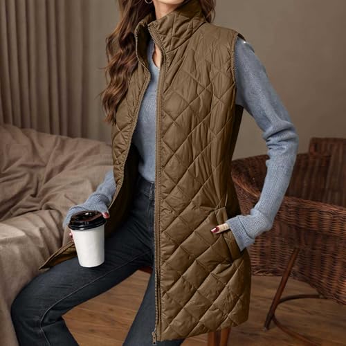 XOGWVJ Fuzzy Vest Women Long Puffer Vest Women Quilted Sleeveless Winter Coat Zip Up Mid Length Warm Jacket with Pockets Casual Fall Outerwear Brown L - image 6