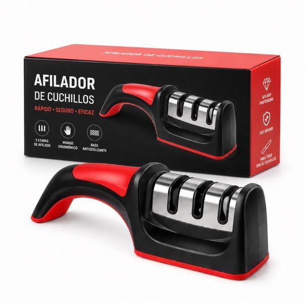 Afilador de Cuchillos Profesional 3 Etapas con Tungsteno y Cerámica, Afilado Rápido y Seguro, Base Antideslizante, Mango Ergonómico para Cocina.