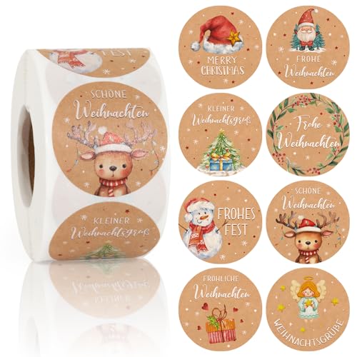 BOOMTOP 500 Stück Weihnachten Aufkleber Rund Kraftpapier Aufkleber Frohe Weihnachten Sticker Selbstklebend Weihnachtsaufkleber Rolle 4cm Weihnachts Geschenk Etiketten 8 Motive für Papiertüten Karte