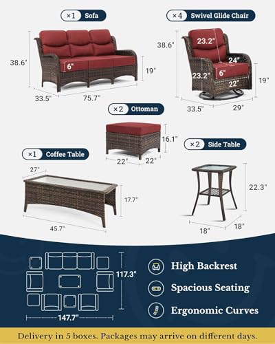HILLGA Luxury Patio Furniture Set with 6-inch Thick Cushion, Outdoor Couch and High Back Swivel Rocker Patio Chairs, 10PCS Wicker Conversation Set for Deck Yard and Poolside, Burgundy (V2)