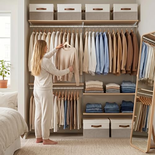Image of StorageWorks Fabric Storage Bins with Lid, Decorative Storage Boxes for Shelves, Stackable Closet Organizer Basket with Handles, Large, Brown and White, 2-Pack