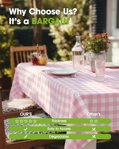 Image of Pureegg Plastic Table Cloth Disposable 8 Pack, 54 x 108 Inch Table Cloths, Party, Picnic, Decorative Gingham Tablecloths, Rectangle, Pink and White Checkered Cover, Leakproof & Sturdy, Pink Plaid
