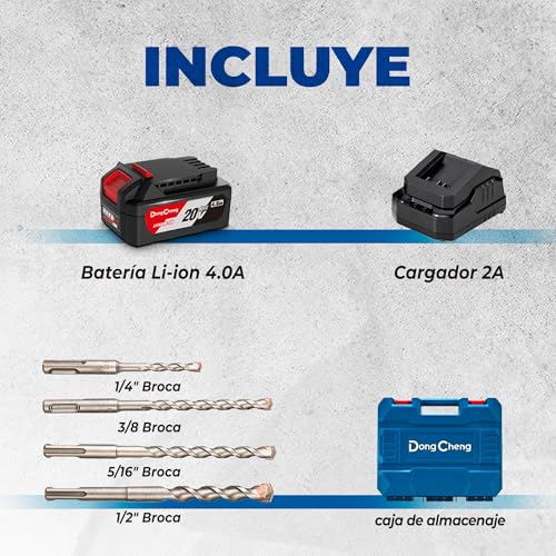 DongCheng Martillo perforador sin cable 18V, energía de impacto 2,1 J, 4 piezas SDS-plus, perforación hasta 28 mm, motor de percusión sin escobillas empuñadura antivibración baterías 4Ah y cargador 2A - imagen 9