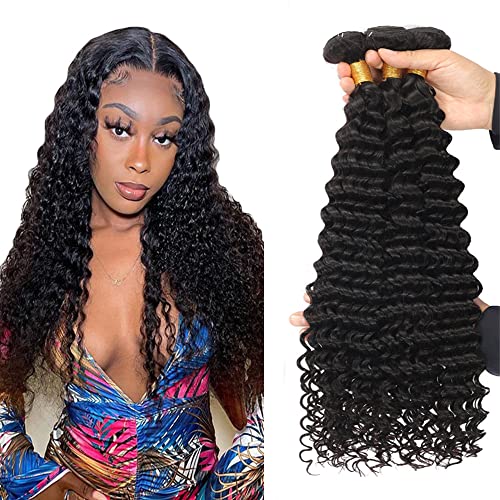 TazmKezm Deep Wave Bundles Human Hair 3 Bundles 24 26 28 Inch Unprocessed Virgin Remy Hair Curly Weave Human Hair Bundles Natural Deep Wave Human Hair Extensions