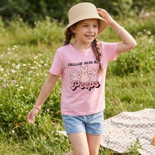 Image of CM C&M WODRO Kid Girl Easter Bunny T-Shirt Chillin' with My Peeps Shirt Short Sleeve Funny Happy Easter Graphic Tees Tops